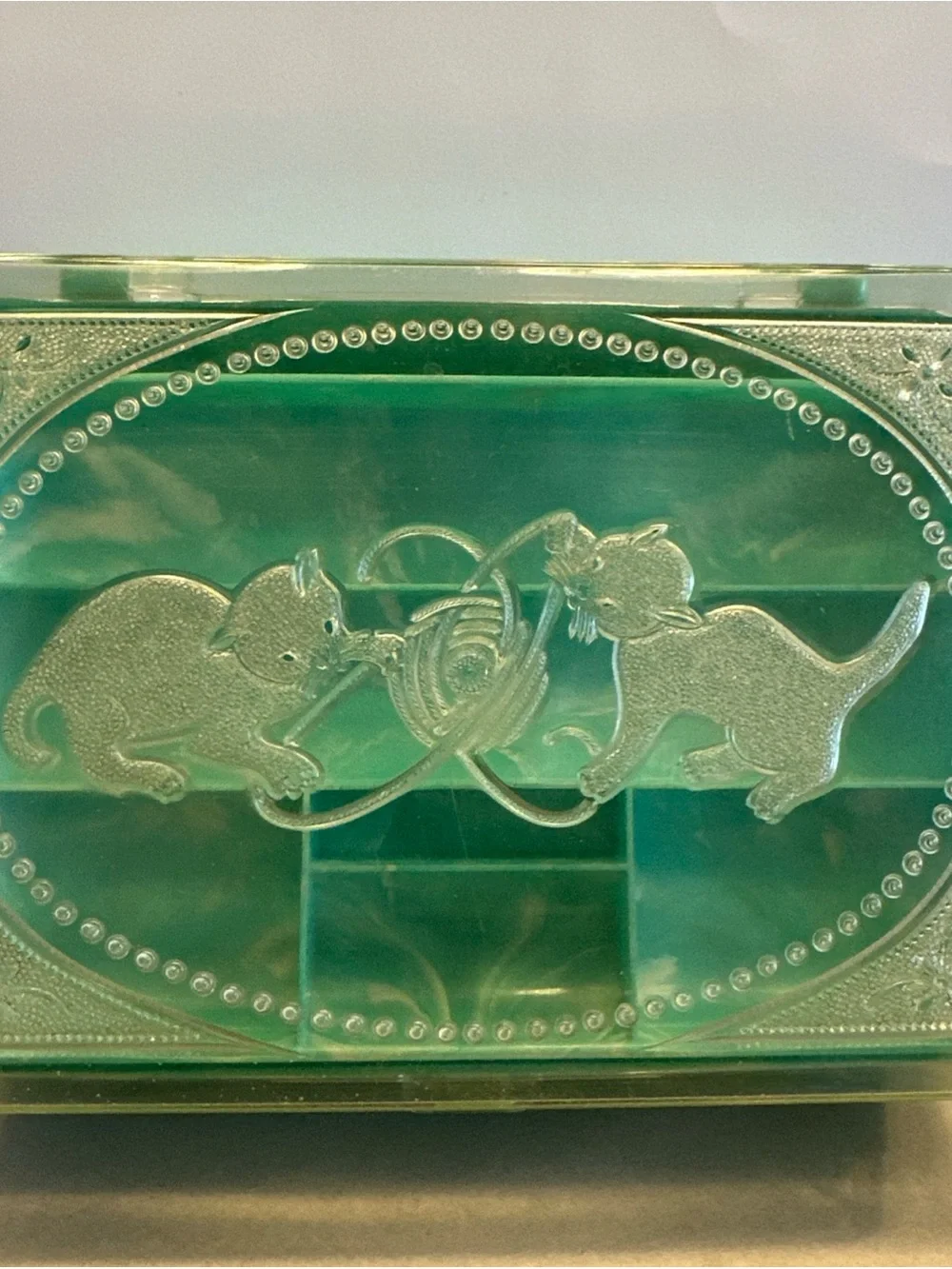 Sewing or Jewelry Box Organizer with Playful Cat Design Hommer MFG Swirled Green
